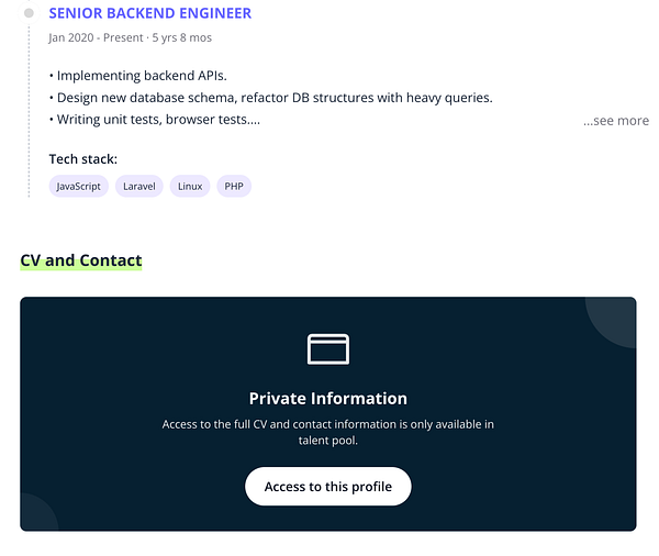 The image displays a developer's profile page highlighting their experience and private information access.