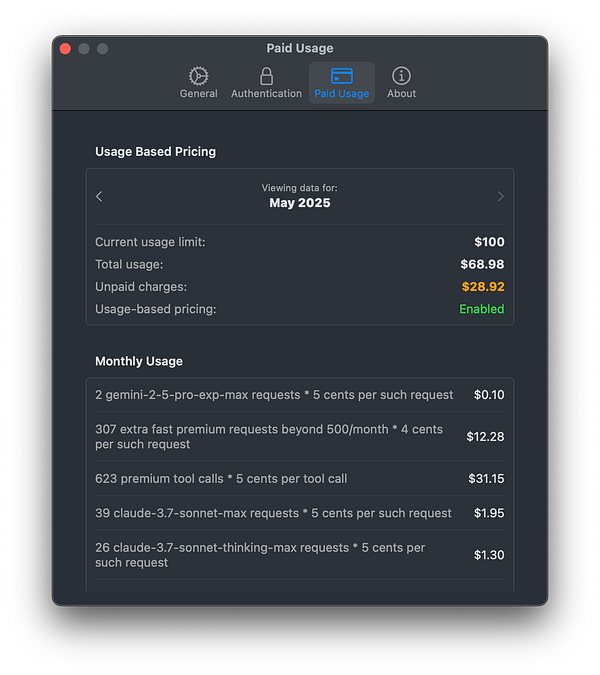 The image displays a user interface for tracking paid usage and billing details for a service.