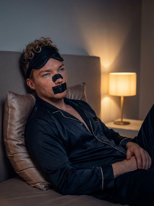 A man in a dark pajama set is sitting on a bed with a sleep mask and facial tape.