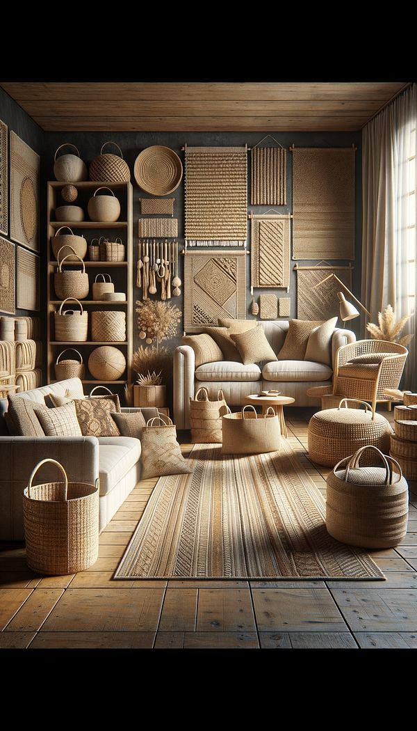 a collection of jute products including rugs, baskets, and upholstered furniture grouped together in an inviting interior setting