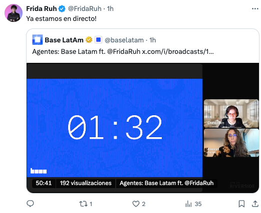 Screenshot of a livestream featuring three speakers in a video call discussing AI Agents with Base Latam.