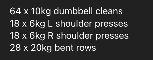 A workout plan detailing various exercises with specific weights and repetitions.