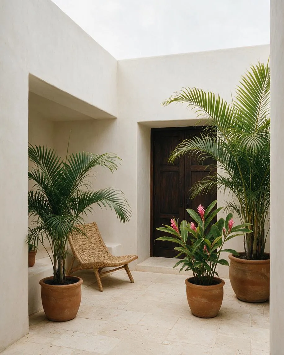 A minimalist tropical courtyard with smooth white stucco walls, a dark wooden double door, and cream stone flooring. Large potted palms and a smaller flowering plant in terracotta pots frame a woven lounge chair, creating a calm, airy outdoor retreat.