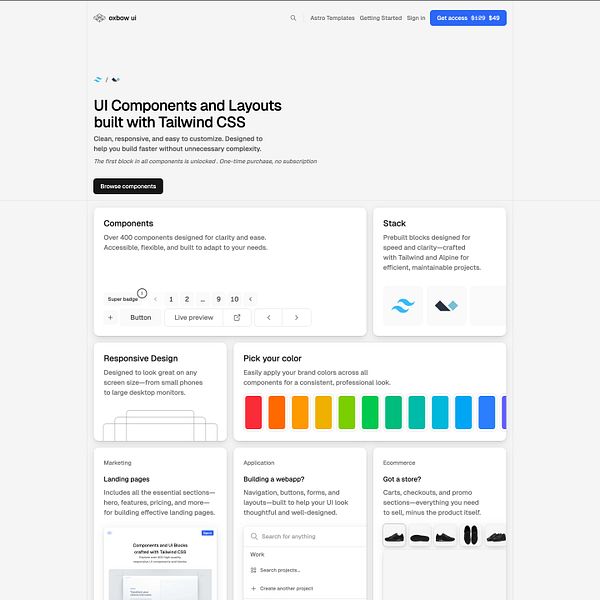 The image displays a web interface for Oxbow UI, showcasing UI components and layouts built with Tailwind CSS.