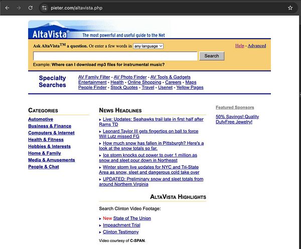 Setup page of AltaVista allowing users to personalize news and search options with various checkboxes and dropdown menus.