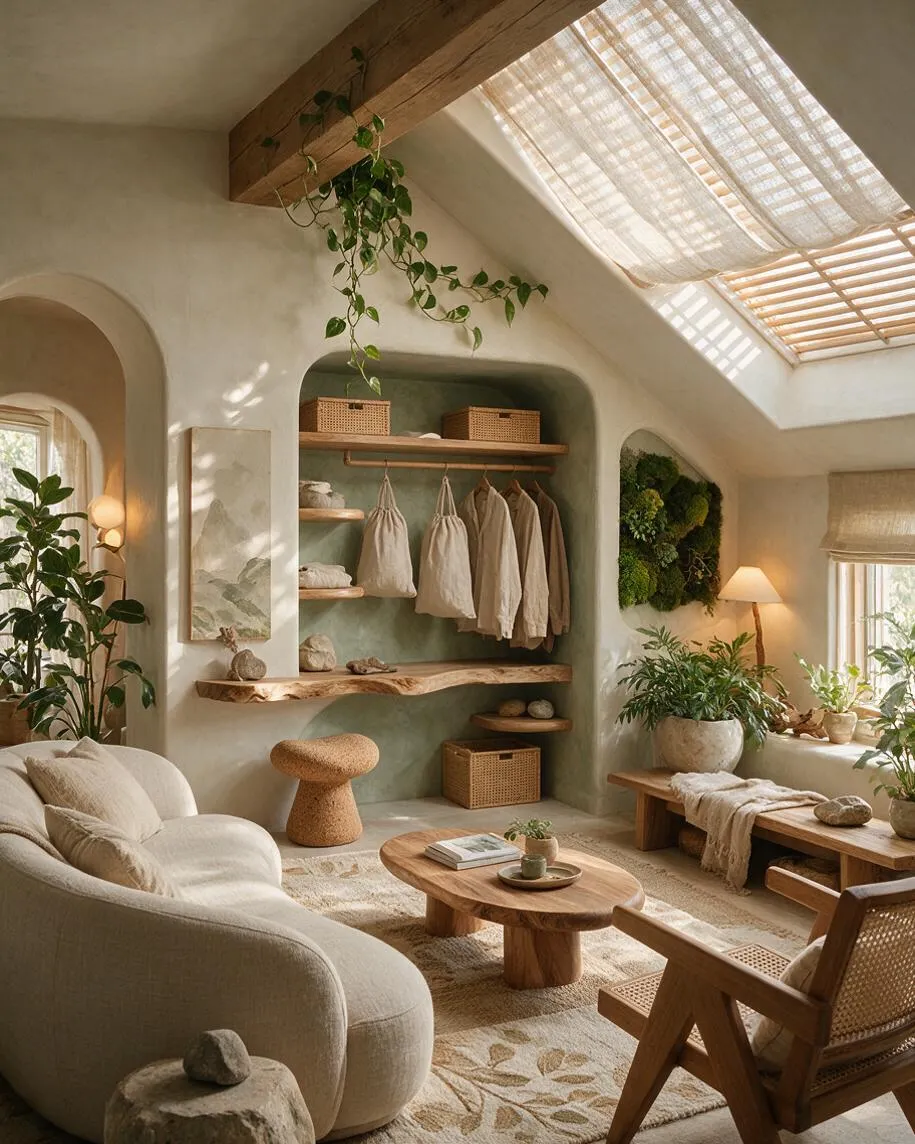 A serene biophilic closet with arched built-in shelving, hanging beige garments, woven storage baskets, and warm wood shelves. The room features lush potted plants, a living moss wall accent, a skylight with sheer drapery, and soft neutral seating under natural light.