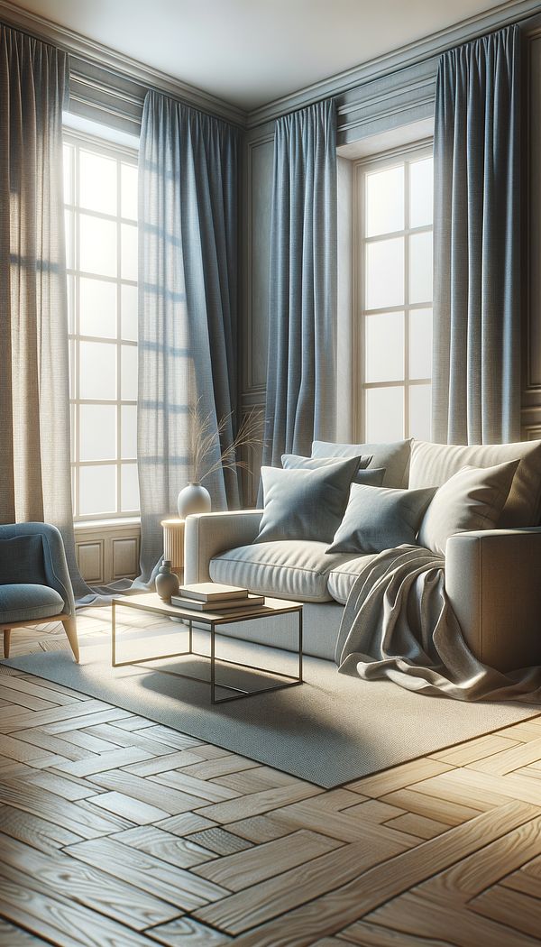 A cosy living room featuring chambray curtains gently blowing in the breeze, with a sofa adorned with chambray pillows, in a soft, natural light setting.