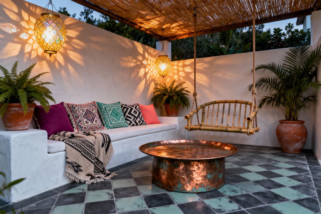 An inviting bohemian patio features a white stucco built-in bench with a white cushion, layered with bright patterned pillows in magenta, teal, coral, and black. A sand-and-black woven throw drapes over the seat, while terracotta pots hold ferns and a palm. A hammered copper drum coffee table with teal patina sits on mint and charcoal diamond tiles. Overhead, a bamboo reed canopy and two Moorish-style pendant lanterns cast warm, dappled light beside a rope-hung bamboo swing.