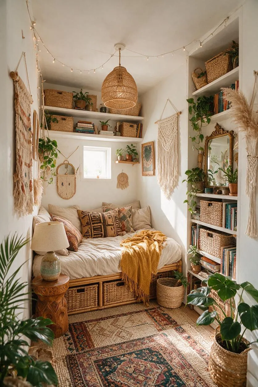 A narrow studio apartment styled in bohemian decor, featuring a daybed with beige bedding, layered patterned pillows, and a mustard throw. White walls are decorated with macramé wall hangings, woven baskets, and string lights, while built-in shelves hold books, plants, and wicker storage. The space is filled with natural light and warm earthy tones.