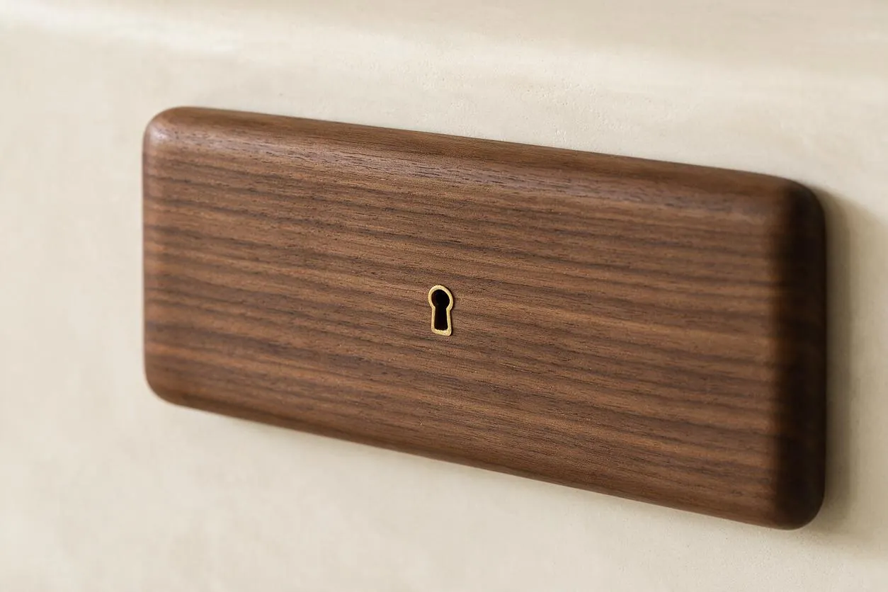 A close-up of a rectangular walnut wood cover mounted on a light wall, with softly rounded corners and a small brass keyhole centered on the face. The piece has a smooth satin finish and visible natural wood grain, creating a warm minimalist look.