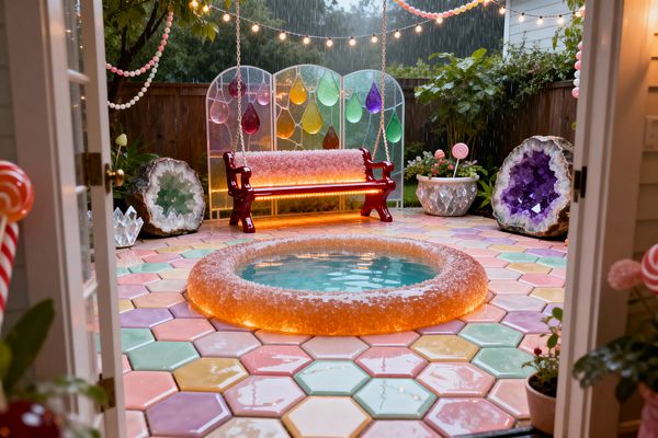 View through open French doors to a whimsical patio in the rain, finished with glossy pastel hexagon tiles and a small circular pool rimmed in sugar-like, amber-lit resin. A cranberry red swing bench with a crystal-textured backrest hangs on chains before a frosted acrylic screen dotted with jewel-toned teardrop shapes; overhead string lights and candy garlands glow, while large amethyst and green geodes, a faceted planter with flowers, and lush greenery sit along a wood fence.