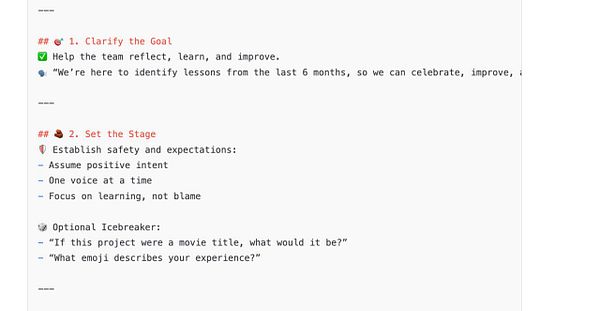 The image displays a structured outline for facilitating a retrospective meeting.