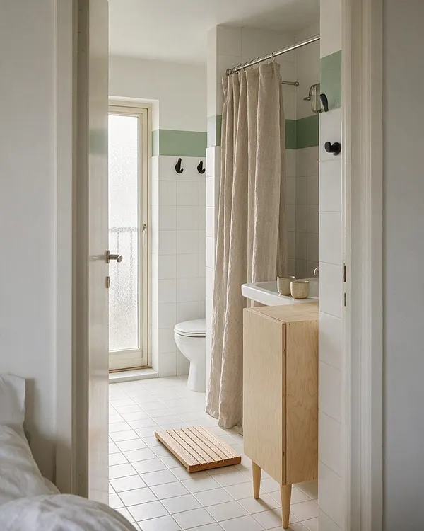 A bright Scandinavian-style master bathroom viewed through an open doorway, with white square tile floors and walls, a mint green accent band, a beige shower curtain, and a light wood vanity. A small wooden bath mat sits on the floor, and a frosted glass door brings in soft natural light.