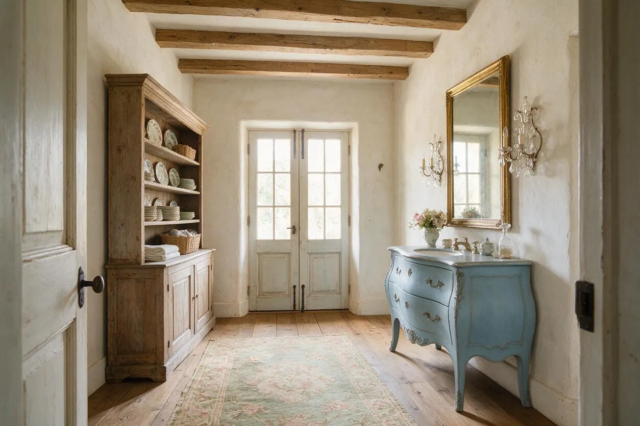 A French Country powder room with exposed wood ceiling beams, plaster walls, and wide plank wood floors. A pale blue curved vanity with a marble top sits beneath a gold-framed mirror and crystal wall sconces, while a rustic wood hutch with dishes lines the opposite wall and a pale patterned rug softens the room.