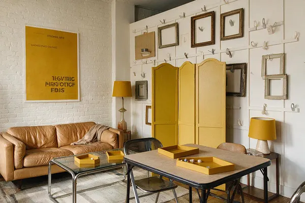 A cozy eclectic game room with a tan leather sofa, glass coffee table, and a large game table in the foreground. The white brick walls are decorated with a mustard yellow poster, an array of empty frames on a wall grid, and a three-panel mustard folding screen, creating a warm, collected look.