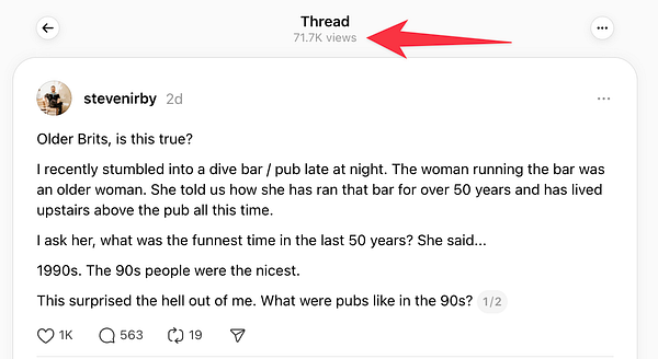 A social media post discussing a personal experience in a pub, highlighting a nostalgic question about the 1990s.
