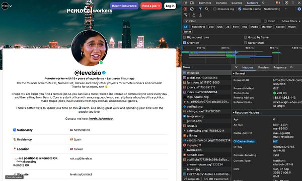 The image displays a profile page of a remote worker on the Remote OK platform, alongside a browser's developer tools showing network requests.
