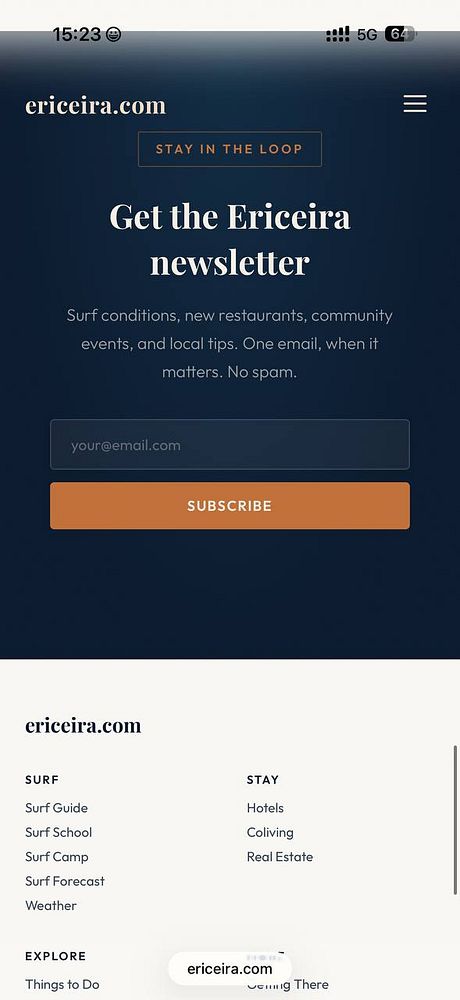 Mockup of an email newsletter signup webpage featuring a background image of Ericeira, Portugal, with a signup form on the right side.