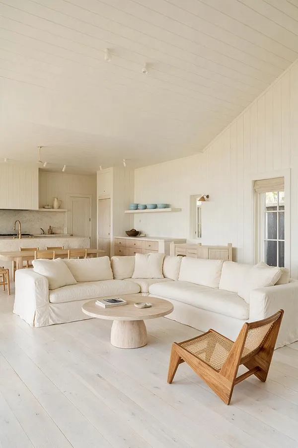 A bright coastal-style studio apartment with white plank walls and ceiling, pale painted floors, and an open living-kitchen layout. An L-shaped cream slipcovered sofa surrounds a round light wood coffee table, while a wooden chair with cane seating adds texture in the foreground.