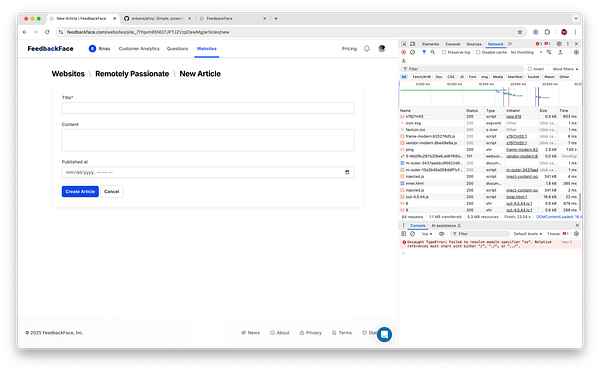 The image displays a web interface for creating a new article on the FeedbackFace platform, alongside a developer console showing an error message.