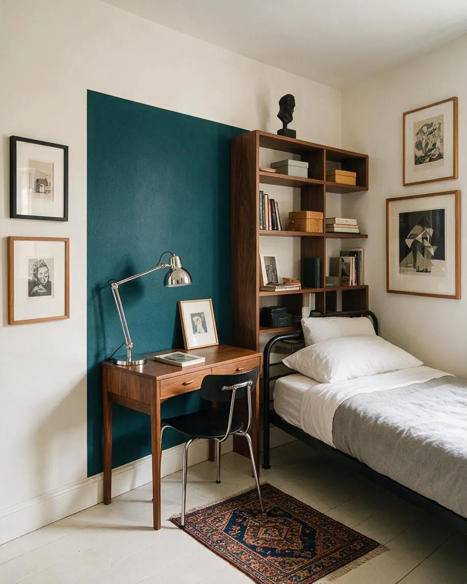 A compact eclectic bedroom with a single bed in a black metal frame, white bedding, and a gray throw. A teal accent wall sits behind a walnut desk with a chrome task lamp and black chair, while a tall wooden shelving unit displays books and decor. Framed artwork hangs on the surrounding white walls, and a small patterned rug anchors the space.