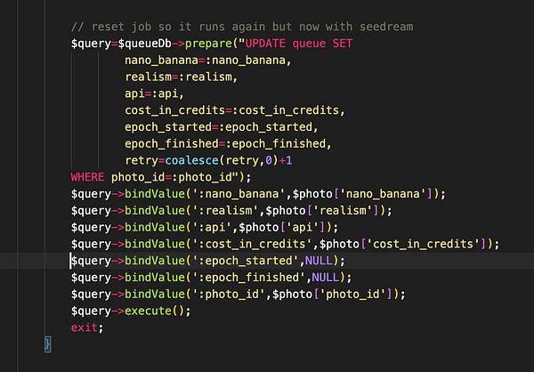 The image displays a code snippet for updating a database queue in a programming environment.