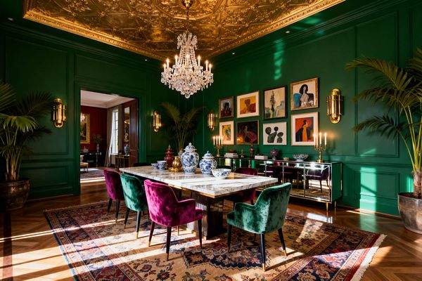 A lavish dining room with emerald green paneled walls and a gold‑leaf coffered ceiling centered by a crystal chandelier. A marble‑topped rectangular table holds blue‑and‑white porcelain and is surrounded by velvet chairs in magenta and deep green on a Persian‑style rug over herringbone wood floors. A mirrored credenza and colorful gallery wall run along one side, while brass sconces, candelabras, and large potted palms frame the space.