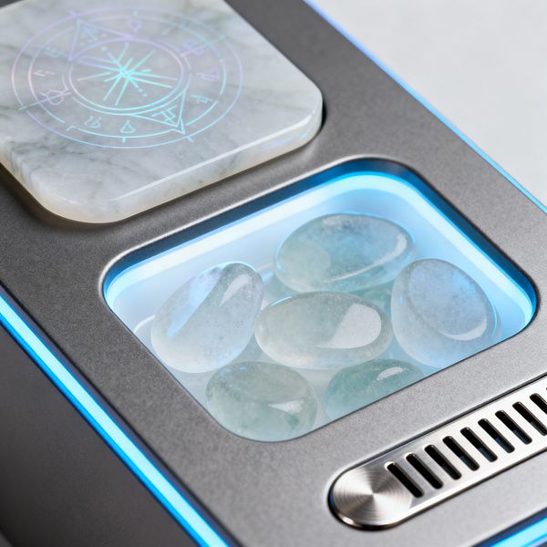 A close-up of a sleek metallic appliance panel with a cool blue LED glow. A recessed, illuminated glass window holds several smooth, translucent aqua pebbles. Beside it, a narrow vent and a circular brushed metal dial suggest airflow control. At the top, a small slab of white marble with gray veining is inset, etched with a faintly iridescent geometric symbol. The materials feel clean and high-tech, dominated by silver-gray metal, glass, and icy blues.