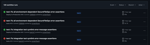 The image displays a list of workflow runs related to testing in a software development environment.