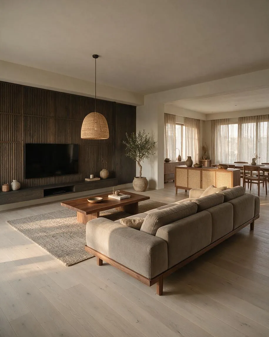 A serene Japandi living room with a beige sectional sofa, low walnut coffee table, and woven pendant light. A dark slatted wood media wall with a mounted TV anchors the space, while sheer curtains, natural textiles, and a cane-front sideboard add warmth and texture.