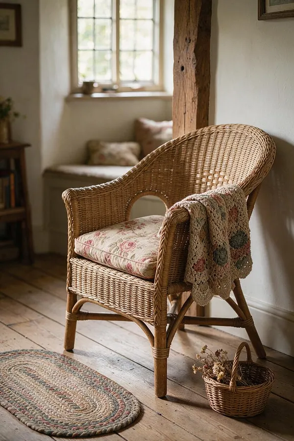 A cozy cottagecore corner featuring a woven wicker armchair with a floral seat cushion and a crocheted throw draped over the arm. The chair sits on painted wooden floorboards beside a braided oval rug and a small basket of dried flowers, with a rustic beam and soft window light completing the scene.