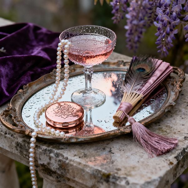 On a weathered stone patio ledge, an ornate mirror tray holds a coupe glass filled with blush pink drink, a draped pearl necklace, a rose-gold engraved compact, and a folded mauve satin fan topped with peacock feathers and a silky tassel. Raindrops sparkle across the tray. In the background, a deep purple velvet cloth and cascading wisteria blooms create a romantic, vintage-glam garden setting.