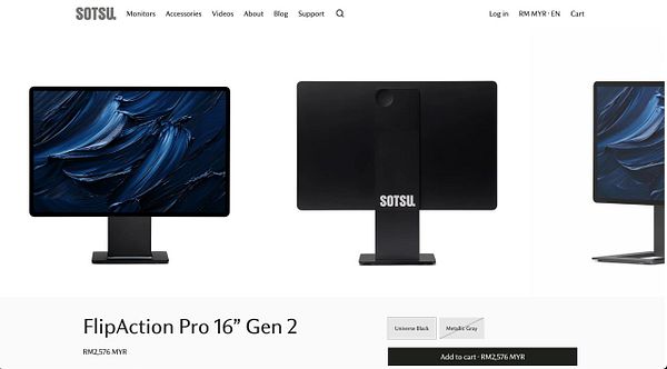 The image displays the SOTSU FlipAction Pro 16” Gen 2 portable monitor from multiple angles.