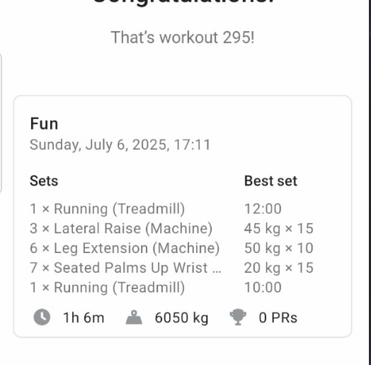 The image displays a workout summary with detailed exercise statistics.