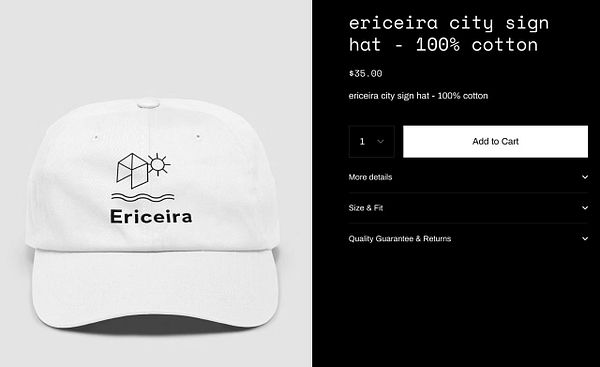 A white baseball cap featuring a design related to Ericeira, displayed alongside product details for purchase.