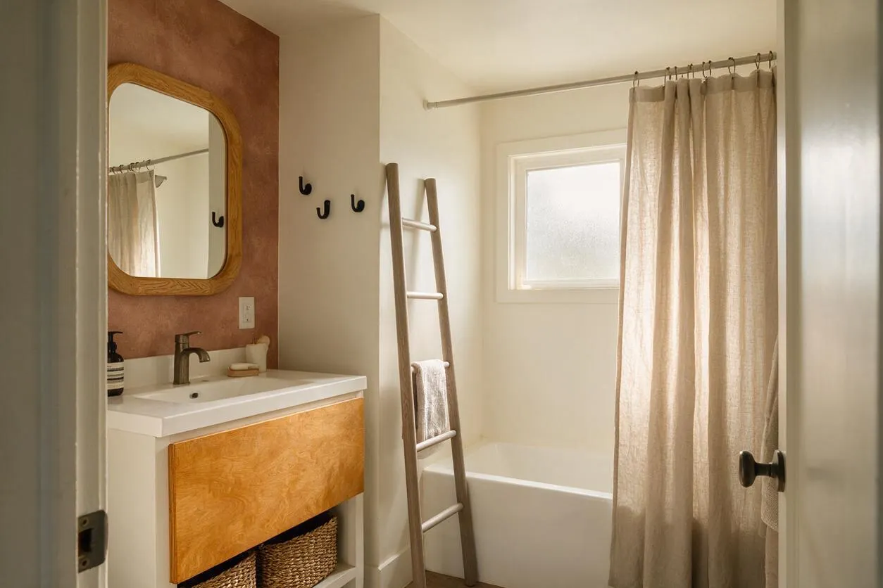 A small Organic Modern bathroom with a white vanity, warm wood cabinet front, rounded wood-framed mirror, and terracotta accent wall behind the sink. A light linen shower curtain, small frosted window, black hooks, and a wooden ladder add natural texture and a calm, spa-like feel.