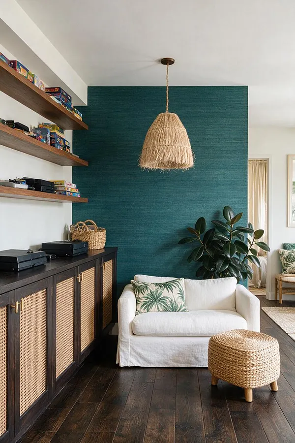 A tropical-style game room with a teal textured accent wall, a fringed woven pendant light, and dark wood floors. The space includes floating wood shelves with board games, a dark cabinet with cane fronts, a white sofa with palm-print pillow, a woven ottoman, and a large leafy plant.