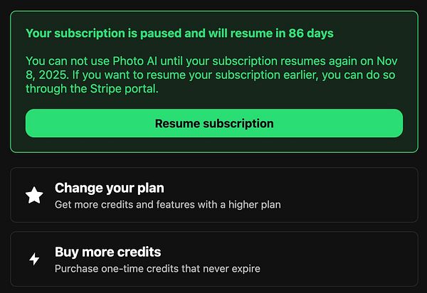 The image displays a subscription management interface indicating a paused subscription status.