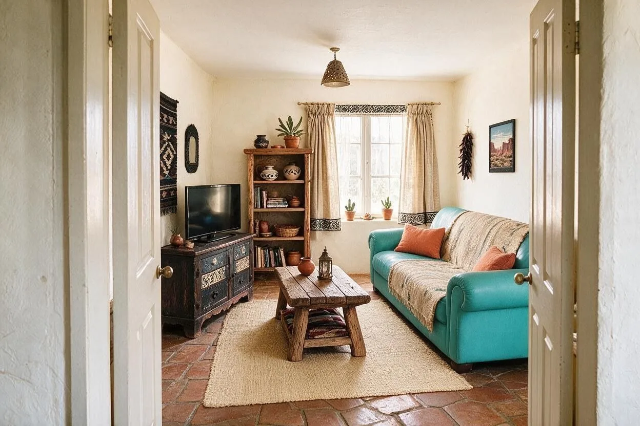 The same Southwestern living room in the Turquoise Mesa palette: cream, turquoise, sand, black, and terracotta
