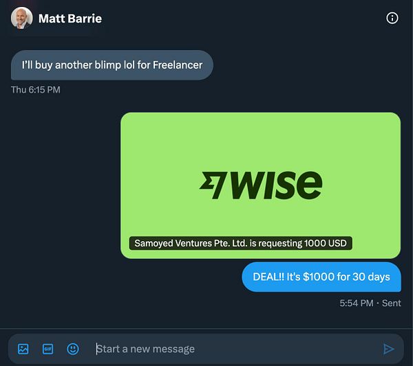 A conversation about purchasing a blimp for Freelancer, featuring a payment request from Wise.