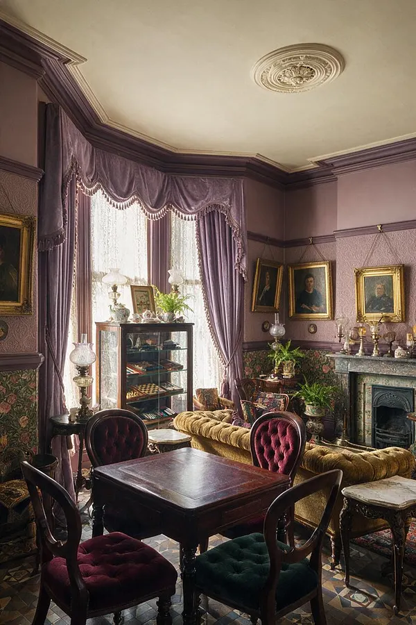 A richly decorated Victorian game room with a dark wood game table and upholstered chairs in burgundy and green velvet. The space features mauve walls, ornate drapery, a tufted gold sofa, framed portraits, a marble fireplace, and a glass display cabinet lit by soft daylight from tall windows.