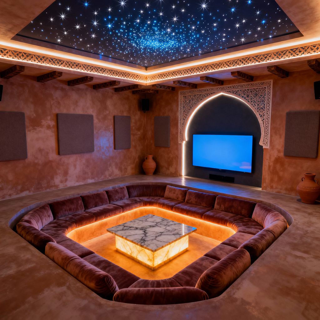 A Moroccan-inspired media room features a sunken U-shaped velvet sectional surrounding a glowing onyx base with a marble tabletop, set within terracotta tadelakt walls with fabric acoustic panels and clay urns, and a carved horseshoe arch framing a flat-screen TV with LED backlighting. Overhead, exposed timber beams, lattice trim, and cove lighting border a dark ceiling sprinkled with fiber‑optic stars, while warm amber LEDs under the seating create an intimate, theater-like atmosphere.