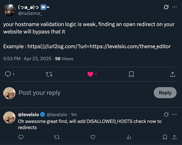 A Twitter conversation discussing a security vulnerability related to hostname validation.