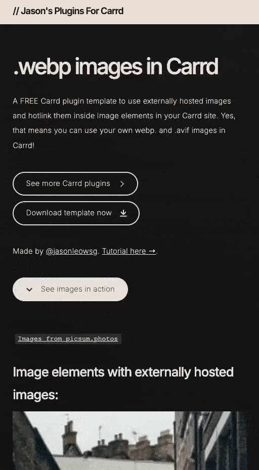 The image displays a promotional webpage for a new .webp images plugin for Carrd.