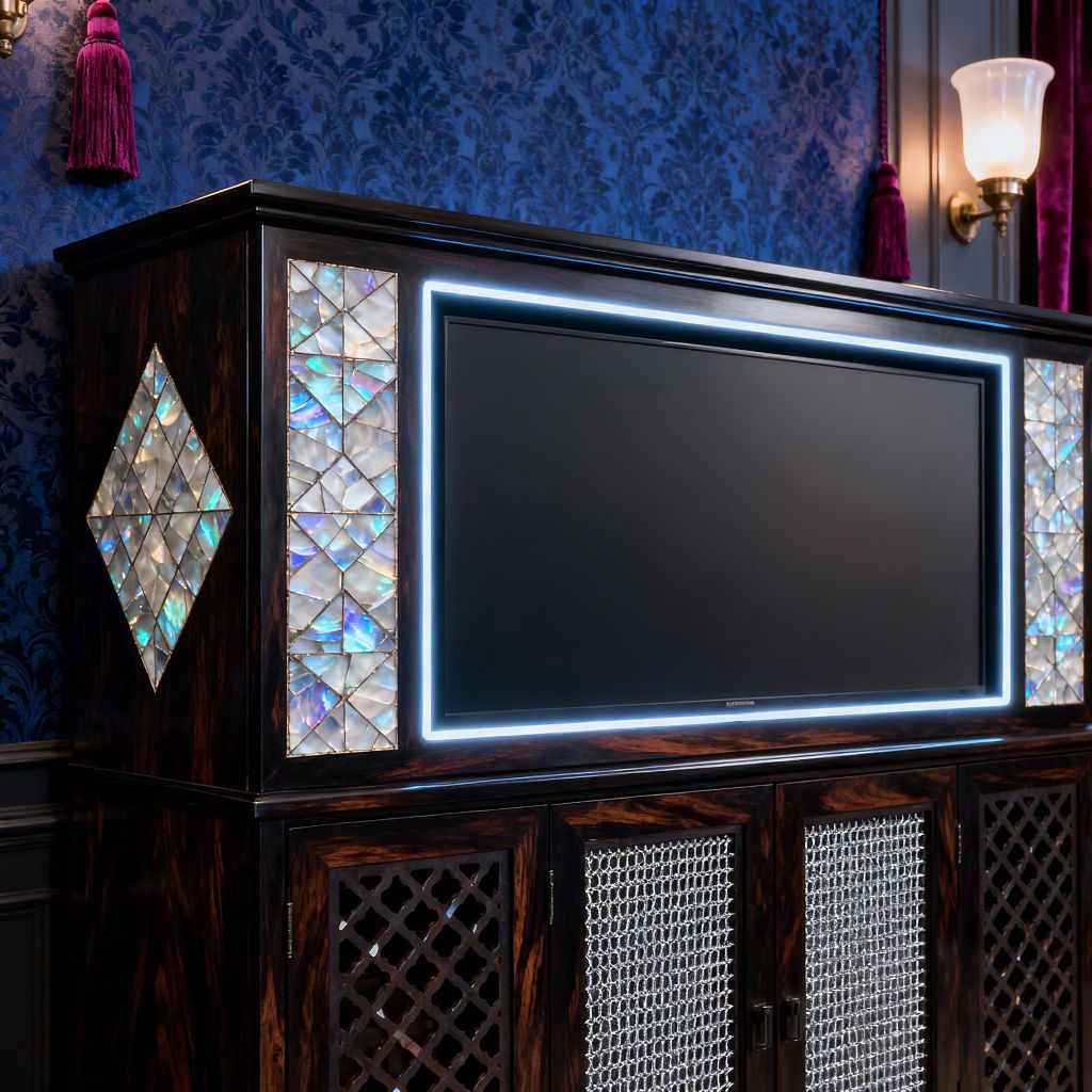 A Victorian-inspired media room shows a dark, high-gloss wood cabinet housing a flat-screen TV outlined by cool LED lighting. Iridescent mother-of-pearl mosaics frame the screen and form diamond motifs, while perforated metal grille doors sit below. The backdrop features cobalt blue damask wallpaper with paneled wainscoting, a brass wall sconce with an opal glass shade, and rich plum velvet with a tassel for a lavish, atmospheric setting.