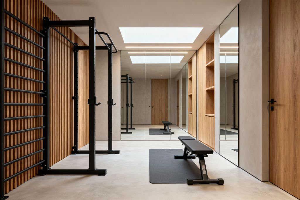 A minimalist home gym features black steel stall bars and a power rack along a wall of vertical oak slats. Opposite, full-height mirrors and oak built-in shelves line the wall, with flush oak doors at each end. A slim flat bench sits on a charcoal mat over a light concrete floor. Smooth microcement walls, a large rectangular skylight, and a linear recessed ceiling light provide bright, even illumination in the uncluttered space.