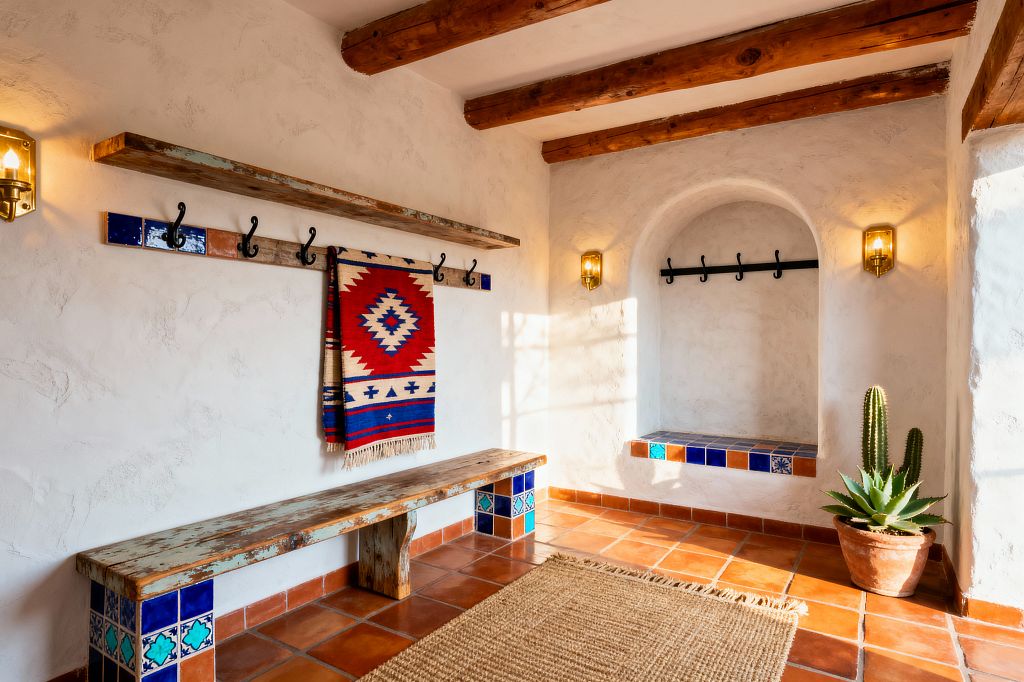 A sunlit mudroom with terracotta floor tiles, white textured plaster walls, and exposed wood ceiling beams. A rustic wood bench with ends clad in blue and turquoise Talavera tiles sits below a rail of black hooks and a slim shelf, with a red-and-blue patterned blanket hanging from one hook. An arched wall niche contains a small tiled bench. Two brass wall sconces glow warmly, a natural jute rug lies on the floor, and a potted cactus stands in a terra-cotta pot.