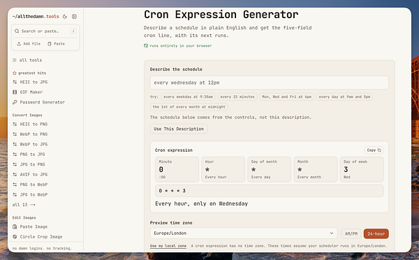 User interface of a Cron Expression Generator web tool with input for scheduling in plain English and displaying the corresponding cron expression and schedule details.