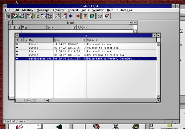 The image displays an email interface from Eudora Light showing a list of emails in the inbox.