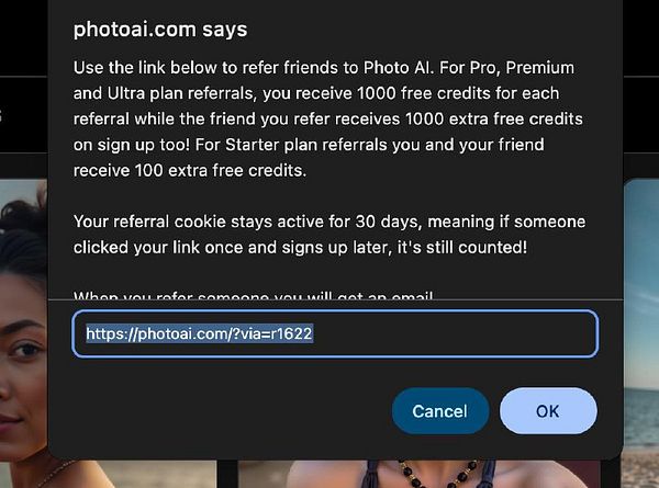 A referral program interface for Photo AI detailing credit rewards for referring new users.